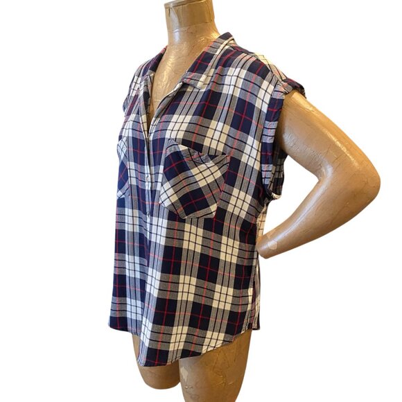 Jachs Girlfriend Quinn Cap Sleeve Button-Down Flannel Plaid Top XXL Blue #238V - Picture 5 of 8